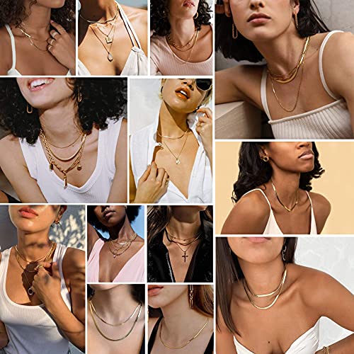 ChainsHouse Flat Snake Chain Herringbone Choker Necklace for Women, Stainless Steel/Rose Gold/18K Gold Plated Dainty Adjustable Simple Short Layered Necklaces, 12"/15"/18" with 3.5" Extender - color: a. 14k gold plated-5mm
