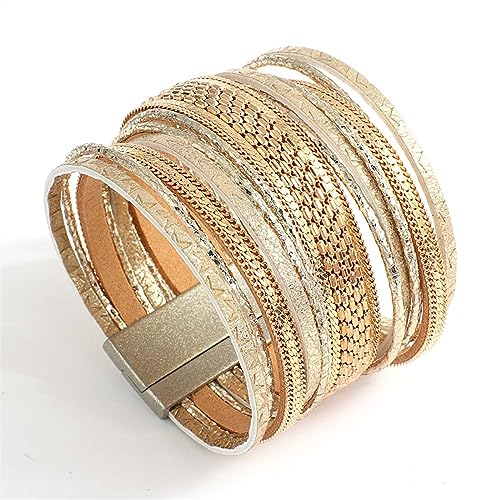 NOVSKI New Genuine Real Leather Wrap Bracelets Multi Strand Cord Metallic Chain Layered Wide Cuff Bracelet Gift Jewelry (Color : Dark Grey)