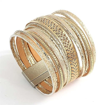 NOVSKI New Genuine Real Leather Wrap Bracelets Multi Strand Cord Metallic Chain Layered Wide Cuff Bracelet Gift Jewelry (Color : Dark Grey)