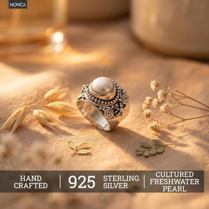NOVICA Artisan Handmade Cultured Pearl Flower Ring Sterling Silver Cocktail White Indonesia Birthstone [crownbezel 0.5 in L x 0.5 in W x 0.3 in H Band Width 10 mm W] ' White Frangipani'