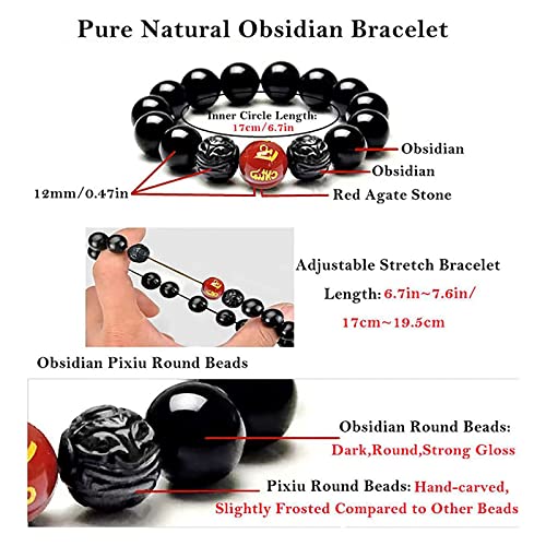 Black Obsidian Bracelet,Feng Shui Black Obsidian Wealth Bracelet for Women Men Couples Handmade Stretch Obsidian Bracelet Bangle with Carved Pixiu Tiger Eye Stone Attract Wealth Money and Good Luck - color: D,12mm,Red Agate