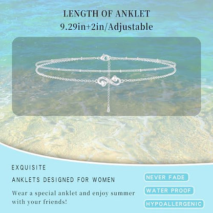 Sterling Silver Ankle Bracelets for Women 14k Gold Plated Waterproof Layered Stackable CZ Charm Non Tarnish Adjustable Anklet for Summer Beach Birthday Jewelry Gift - color: silver G