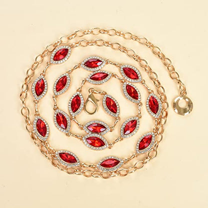 ILuvatar Green Glass Diamond Chain Belt - Metal Women's Western Style Dress Belt - color: Gold-red