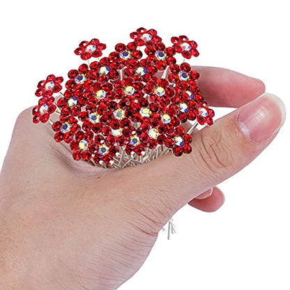 Rhinestone Flower Hair Pins, 40 Pcs U-Shaped Crystal Party Wedding Bridal Hair Accessories for Women Girls (Red) - color: Red
