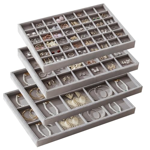 Large Jewelry Drawer Organizer Trays Set of 4, Stackable Velvet Jewelry Trays Organizer Holder Display Storage Showcase for Earring Necklace Bracelet Ring Accessary (Gray, 12+12+24+48 Grids) - color: Gray, size: 12+12+24+48 Grids