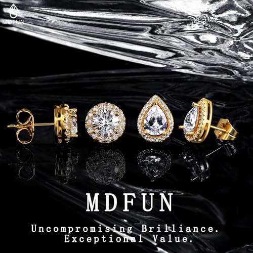 MDFUN Halo Stud Earrings 18K Gold Plated Round/Square/Heart/Teardrop Cubic Zirconia Earrings Set for Women - color: B-Round/Teardrop