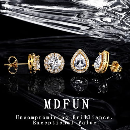MDFUN Halo Stud Earrings 18K Gold Plated Round/Square/Heart/Teardrop Cubic Zirconia Earrings Set for Women - color: B-Round/Teardrop