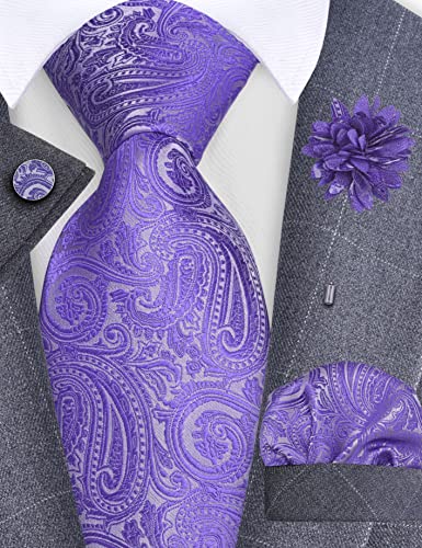 GUSLESON 3.15"（8cm） Mens Tie and Lapel Pin Paisley Necktie Hankerchief Cufflinks Set for Men - color: Light Purple