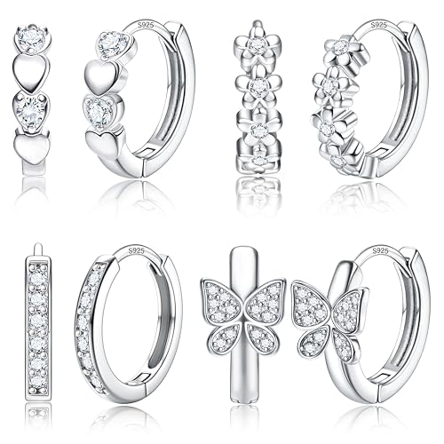 925 Sterling Silver Post Small Hoop Earrings For Girls - Hypoallergenic Huggie Earrings for Women Cute Heart Flowers Butterfly Star Cubic Zirconia Cartilage Earrings For Sensitive Ears 4Pairs - color: White