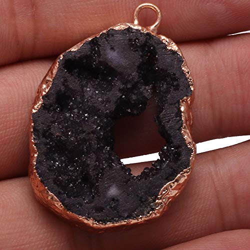 LE SKY natural stone pendant, irregular plated gold edge crystal agate stone pendant for jewelry making DIY necklace charms 25X30-35X45mm (2 Pcs) - color: black