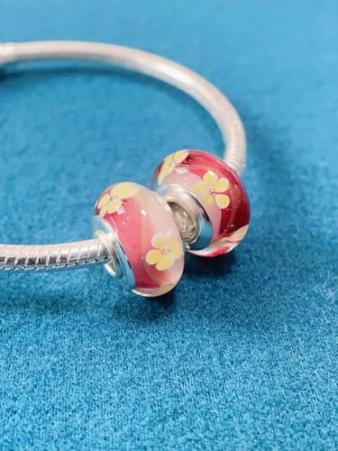 2pcs Authentic 925 Silver Murano Glass Flower Charms for Pandora Bracelets - color: 04-Red & Yellow flowers
