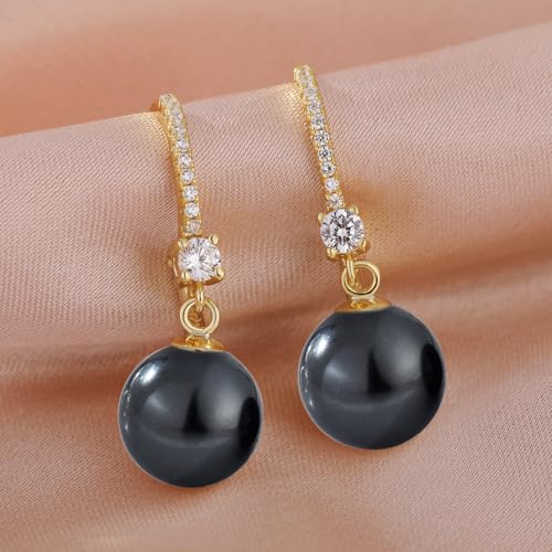 Jiamiaoi Pearl Dangle Earrings 925 Sterling Silver Pearl Earrings for Women 10mm White/Black Pearls - color: A4-Yellow