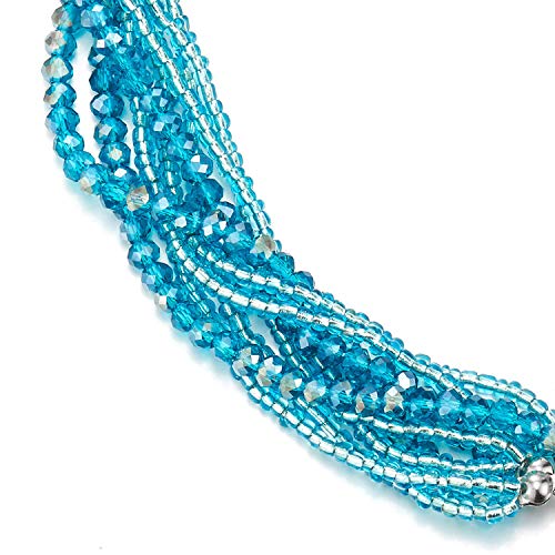 COOLSTEELANDBEYOND Multi-Layer Beads Crystal Braided Chain Choker Collar Magnetic Clasp,Statement Necklace, Bracelet - color: M1-Necklace Teal Blue Color