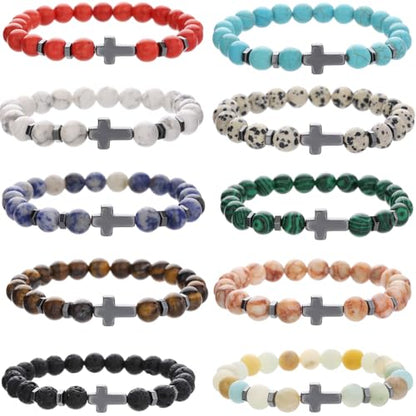 Beaded Bracelets Cross Bracelet for Women Men Lava Rock Turquoise Tiger Eye Natural Bracelet Anxiety Healing - color: 10 Pcs- black Hematite cross