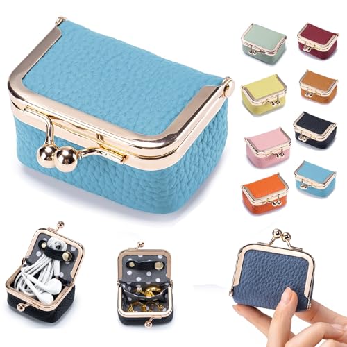 Genuine Leather Mini Jewelry Box & Coin Purse for Women, Travel Jewelry Case with Kiss Lock, Holds Earrings, Rings, Necklace, Bracelet, Coins (Sky Blue) - color: Sky Blue