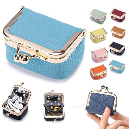 Genuine Leather Mini Jewelry Box & Coin Purse for Women, Travel Jewelry Case with Kiss Lock, Holds Earrings, Rings, Necklace, Bracelet, Coins (Sky Blue) - color: Sky Blue