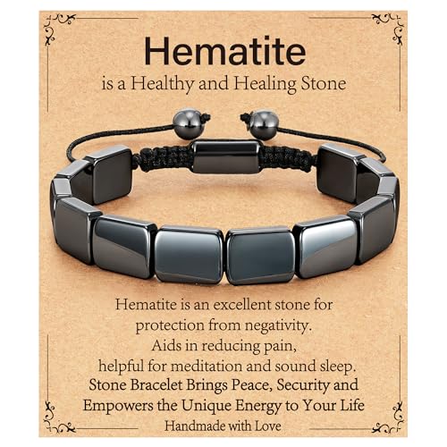 Hematite Bracelet for Men, Natural Hematite Stone Handmade Braided Rope Bracelets Healing Grounding Balance Inspirational Jewelry Birthday Gift for Him - color: Hematite-2