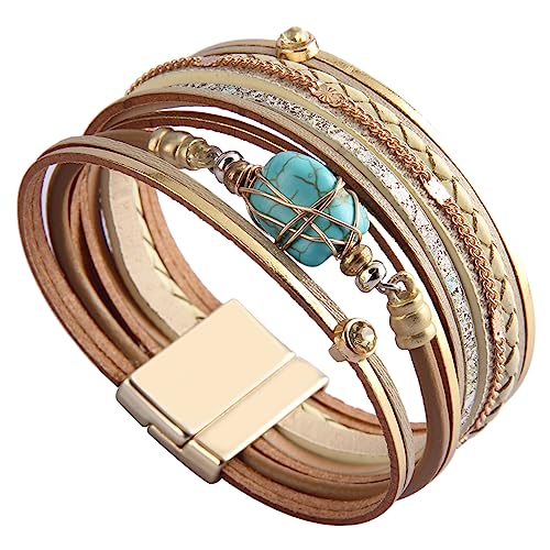 GelConnie Leather Wrap Bracelet Boho Cuff Bracelets Crystal Leather Bracelet Magnetic Multi Strand Bracelets Bohemian Bracelet Leather Wristbands Bangle Jewelry for Women Teen Wife Mother - color: Turquoise Leather Bracelet