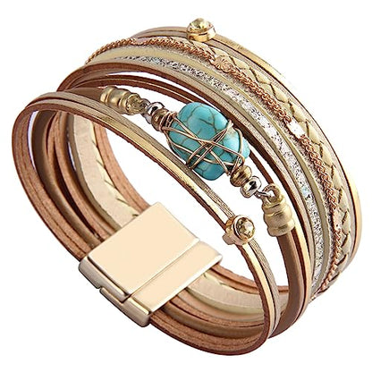 GelConnie Leather Wrap Bracelet Boho Cuff Bracelets Crystal Leather Bracelet Magnetic Multi Strand Bracelets Bohemian Bracelet Leather Wristbands Bangle Jewelry for Women Teen Wife Mother - color: Turquoise Leather Bracelet