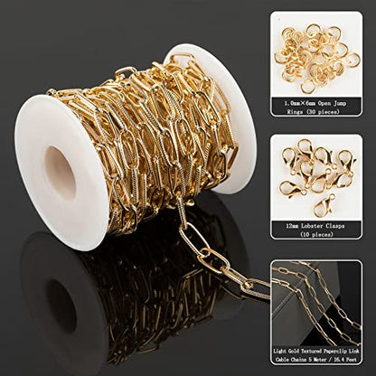 16.4 Feet Aluminum Oval Light Gold Chains for Jewelry Making Unwelded Textured Paperclip Link Cable Chain Roll Necklace Chains Bulk with Lobster Clasps and Jump Rings - color: 6.5×15.5mm-Gold