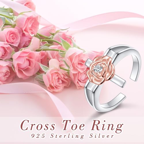 Alphm 925 Sterling Silver Toe Ring for Women Adjustable Open Toe Ring Foot Jewelry Gift - color: White-Rose Cross