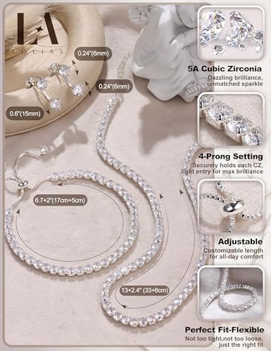LOLIAS Silver Jewelry Set for Women Tennis Necklace Bracelet Hypoallergenic | Wedding Jewelry Sets for Brides Bridemaid,Costume Party Prom Accessories,Chockers Necklace CZ Tennis Bracelet Earrings Studs - style: Tennis Necklaces Bracelet+Ear Jacket Earrin