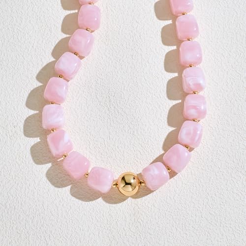 Chunky Beaded Necklace for Women Boho Statement Bead Necklace Adjustable Choker with Polished Disc/Square Beads Trendy Summer Beach Jewelry Gifts - color: Light Pink