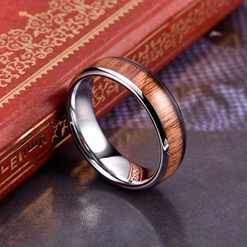 THREE KEYS JEWELRY Tungsten Wedding Band Koa wood Inlay Black Domed | 4mm, 6mm, 8mm, Everyday Wear, Black, Domed, Koa wood inlay - color: Silver 6mm