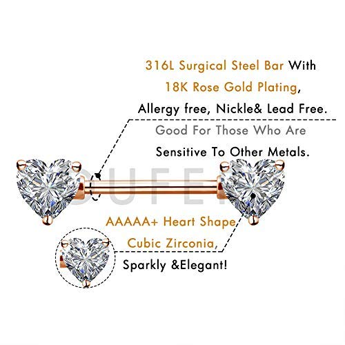 OUFER 2PCS 14G Surgical Steel Nipple Rings Barbell Heart CZ Nipple Rings Piercing for Women nippleshield Piercing Body Piercing - color: Rose Gold
