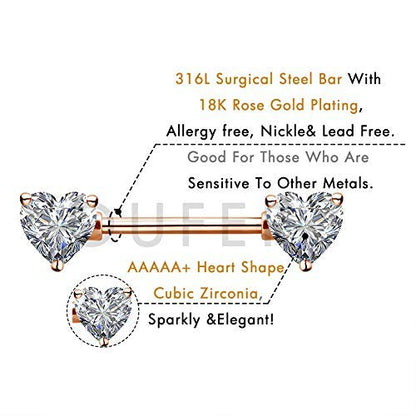 OUFER 2PCS 14G Surgical Steel Nipple Rings Barbell Heart CZ Nipple Rings Piercing for Women nippleshield Piercing Body Piercing - color: Rose Gold