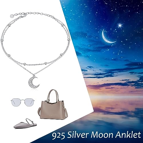 925 Sterling Silver Cat Butterfly Anklets Double Layered Chain for Birthday Women Ankle Bracelet Summer Beach Dainty Jewelry - style: G-Moon Anklet