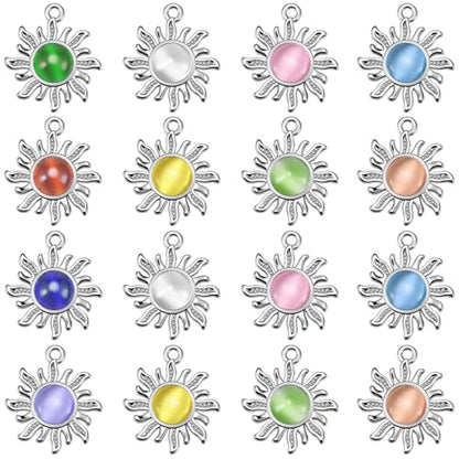 30Pcs Cat's Eye Stone Opal Sun Charms Alloy Celestial Planet Charm Sunflower Pendant for Diy Rapunzel Earrings Necklace Bracelet Jewelry Making Supplies - color: Antique Silver