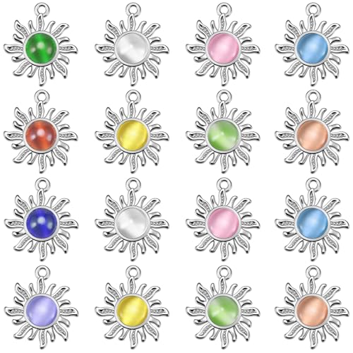 30Pcs Cat's Eye Stone Opal Sun Charms Alloy Celestial Planet Charm Sunflower Pendant for Diy Rapunzel Earrings Necklace Bracelet Jewelry Making Supplies - color: Antique Silver