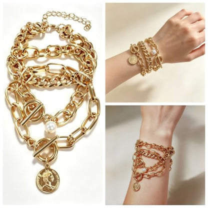 25 PCS Gold-Tone Jewelry Set for Women - 1 Layered Necklaces, 3 Stackable Bracelets, 6 Pairs Earrings, 9 Knuckle Rings, Trendy Gold Plated Layering Jewelry Set for Women Gift