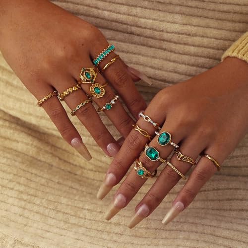Chunky Gold Rings for Women Non Tarnish, Baroque Pearl Flower Tiger's Eye Stone Rings Adjustable Stacking Statement Rings Set Fashion Jewelry Gifts - style: All Green Set
