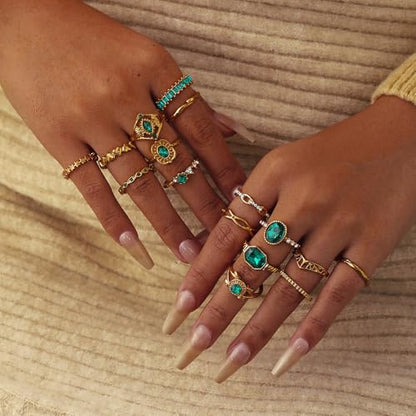 Chunky Gold Rings for Women Non Tarnish, Baroque Pearl Flower Tiger's Eye Stone Rings Adjustable Stacking Statement Rings Set Fashion Jewelry Gifts - style: All Green Set