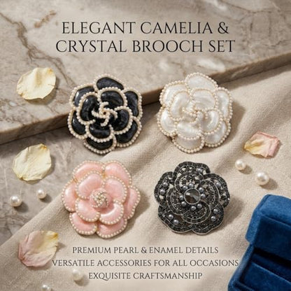 4 Pack Camellia Flower Brooch Pins for Women - Vintage Enamel Pearl Lapel Pin Set, Rhinestone Crystal Dress Suit Badges - Black White Pink Zinc Alloy Jewelry Gift