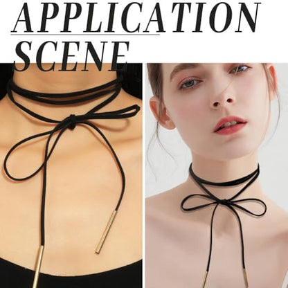 Faux Suede Thin Choker Necklace Gothic Bow knot Collar Chain Black Adjustable PU Leather Cord Necklace Velvet Long Wrap Rope Collar Tie Neck Chain with Gold Tube Ribbon for Women Party Prom