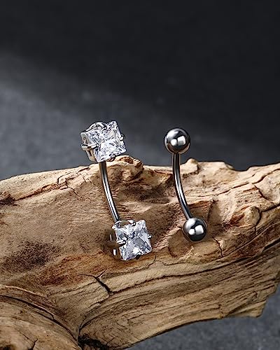 2pcs 16g Small Size Belly Button Rings Pack Surgical Steel Square AAA CZ Curved Barbell Navel Rings New - color: steel