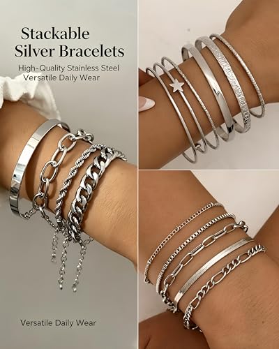 FAXHION 73PCS Western Silver Jewelry Set for Women, Boho Layered Necklaces & Stackable Rings Set, 14 Necklaces 15 Bracelets 26 Earrings 18 Knuckle Rings, Vintage Costume Jewelry Gift