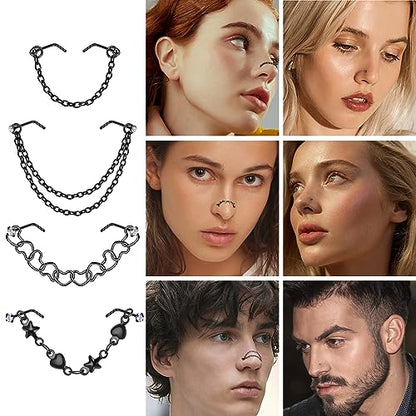 Stainless Steel Nose Rings Chain Horseshoe Nose Ring Body Piercing Jewelry | African Star Heart Studs Horseshoe Nose Cuff Septum Chain Body Piercing Jewelry Set for Women Men, Silver - color: Black