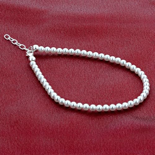 Gem Avenue .925 Silver Round Faux Pearl Adjustable Anklet with 9 to 10 inch Long - color: White