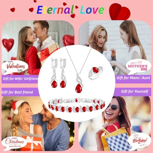 LMXXVJ Jewelry Set for Women,Teardrop Cubic Zirconia Necklace Earrings Adjustable Ring Bracelet Jewelry Set Formal Jewelry Gift - color: MHSD-White Gold-Ruby Red