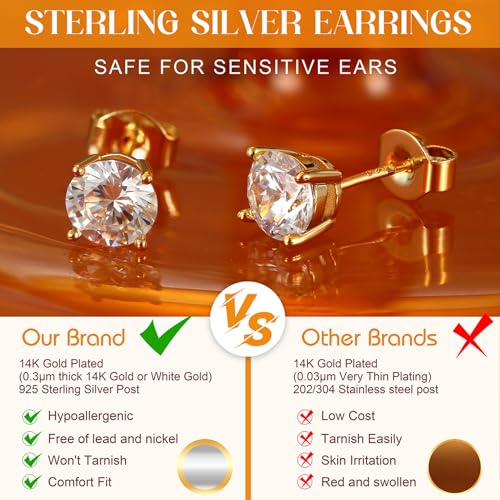 SAILIMUE Hypoallergenic Sterling Silver Stud Earrings for Women Men | Brilliant Heart Knot Round Cubic Zirconia Earring Studs for Sensitive Ears Gold Silver Tone - color: gold-A