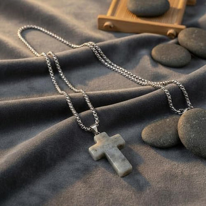 Justinstones 32mm Gemstone Carved Cross Reiki Chakra Pendant With Stainless Steel Necklace 22 Inch - color: Labradorite