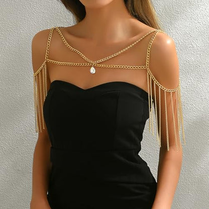 Gold Body Chain Shoulder Chain Punk Layered Arm Chain Tasssel Shoulder Necklace Festival Party Bridal Wedding Body Jewelry