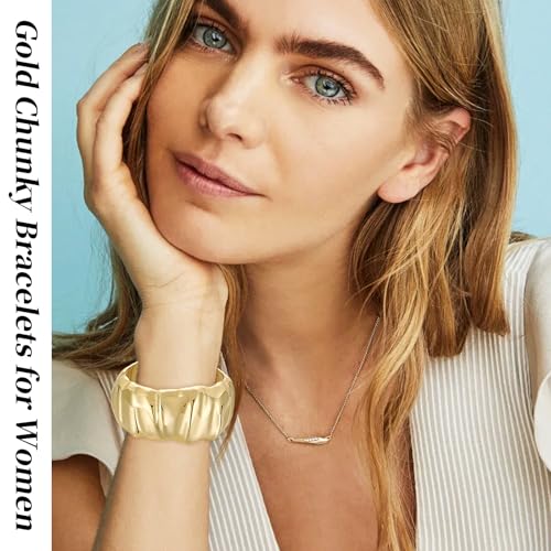 YBMYCM Chunky Gold Cuff Bangle Bracelets for Women Wide Gold Bangle Hammered Open Wrist Cuff Bracelets Wrap Bracelet - style: H-Gold