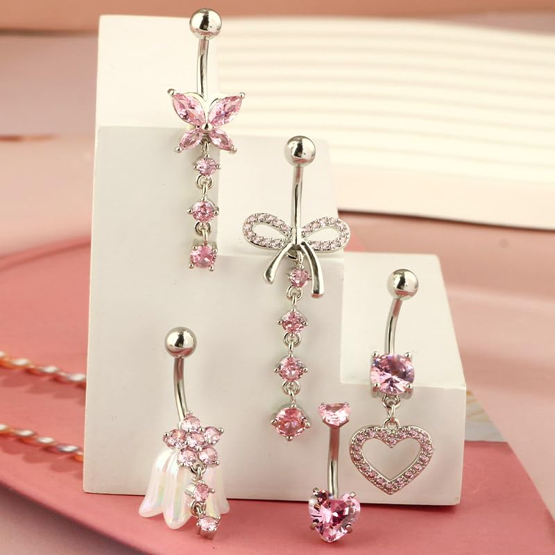 5PCS Crystal Belly Button Ring for Women Dangle Navel Belly Piercing Jewelry Cute Bow Butterfly Heart Angel wings Navel Belly Rings 14G Silver Surgical Steel Belly Button Stud - color: Pink-5pcs