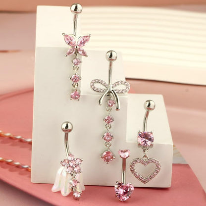 5PCS Crystal Belly Button Ring for Women Dangle Navel Belly Piercing Jewelry Cute Bow Butterfly Heart Angel wings Navel Belly Rings 14G Silver Surgical Steel Belly Button Stud - color: Pink-5pcs