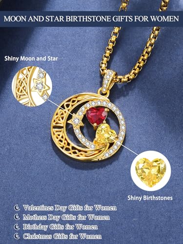 14K Gold Moon and Star Double Birthstone Necklace Gifts for Women | 2 Heart Birthstone Necklace,Mothers Day Wedding Anniversary Birthday Gifts for Wife Mom Daughter Grandma Sister - color: 07-11-Jul-Nov Birthstone